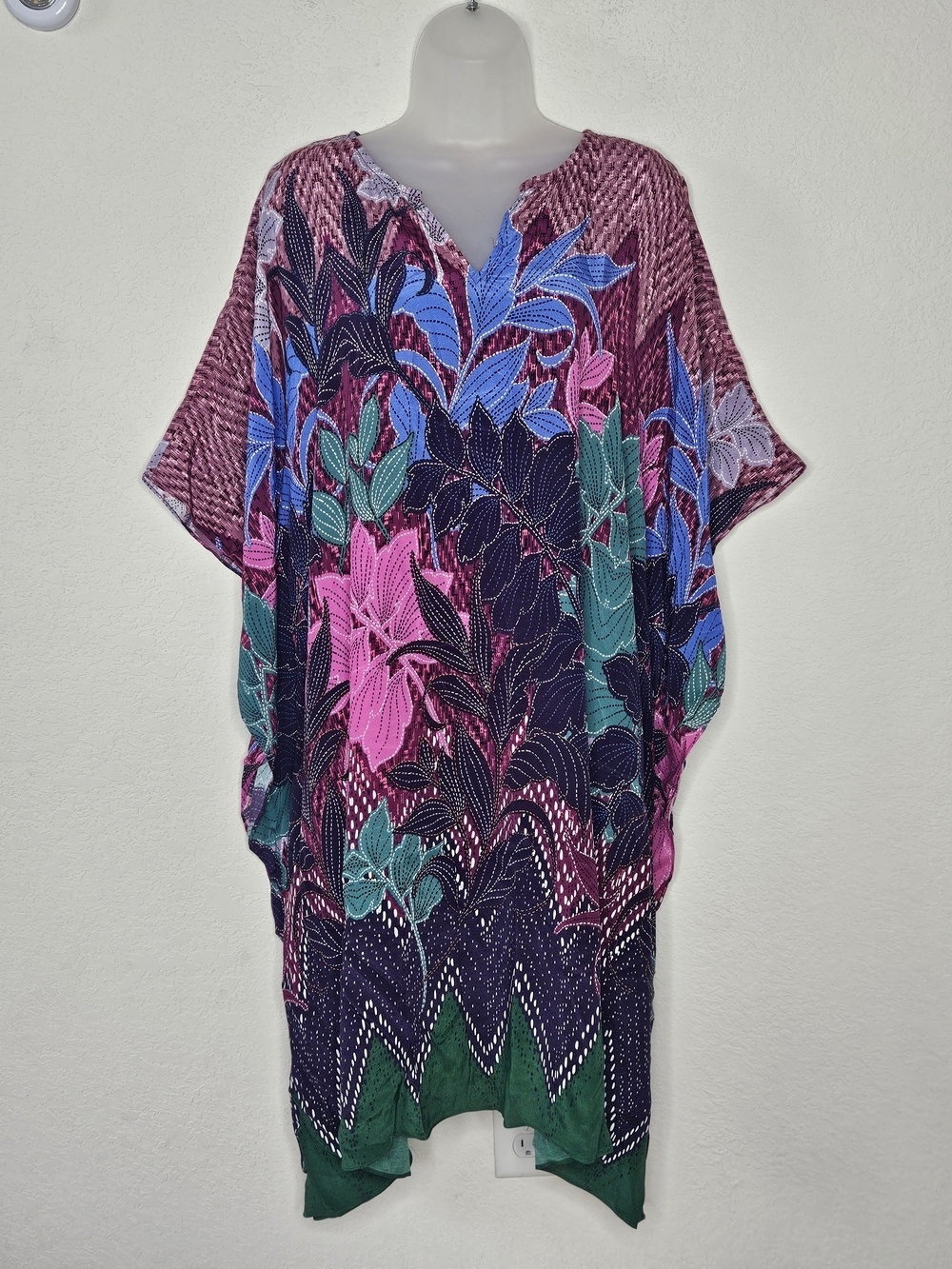 Soft Surroundings Floral Caftan Tunic Top Pink Purple Oversized Beachy Boho S/M